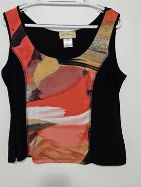 Kristin Crenshaw Black Tank Top with Red Orange Yellow Abstract Front Panel